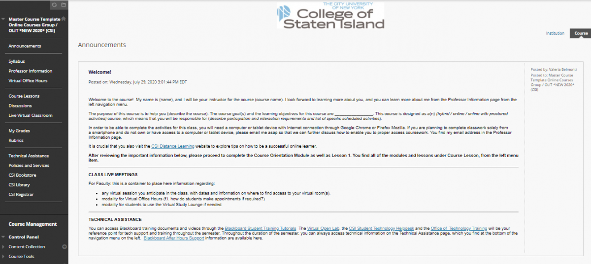 Blackboard Online Course Template Distance Learning Faculty